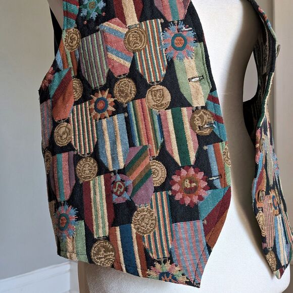 Vintage 90s Mirrors Tapestry Vest Award Ribbons Medals Funky Dark Academia Large - Picture 9 of 10